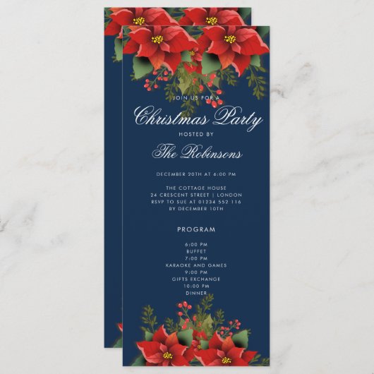 Poinsettia Christmas Invite Program & Menu Navy Einladung (Vorne/Hinten)