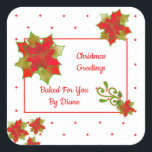 Poinsettia Christmas Labels Quadratischer Aufkleber<br><div class="desc">Diese Labels haben mein digitales Design eines Rahmens von roten und grünen Poinsettien auf einem weißen mit rotem Polka Punkt Hintergrund. Passen Sie diese mit Ihrer speziellen Nachricht an. Diese sind ideal für Geschenketiketten,  Versandmarken und Bäckereiboxen.</div>