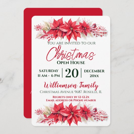Poinsettia Christmas Open House Party Einladung (Vorne/Hinten)