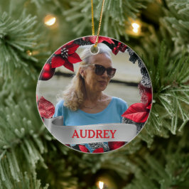 Poinsettia Christmas Wreath ANY Photo Tree Keramik Ornament