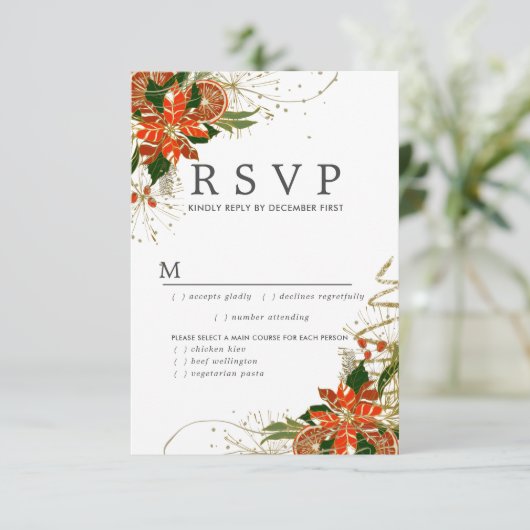 Poinsettia Citrus Gold Christmas RSVP Card (Stehend Vorderseite)