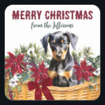 Poinsettia Doberman Pinscher Christmas Basket Quadratischer Aufkleber<br><div class="desc">Dieser hübsche Korrespondenz- oder Geschenkverpackung Holiday Aufkleber zeigt einen Korb aus roten Poinsettienblüten,  weißen Blume,  roten Beeren und Kiefernholz. In der Mitte sitzt ein bezaubernder Doberman Pinscher Welpe. Oben steht ein roter Text,  der MERRY CHRISTMAS sagt,  mit Ihrer Unterschrift in grüner Schrift darunter.</div>