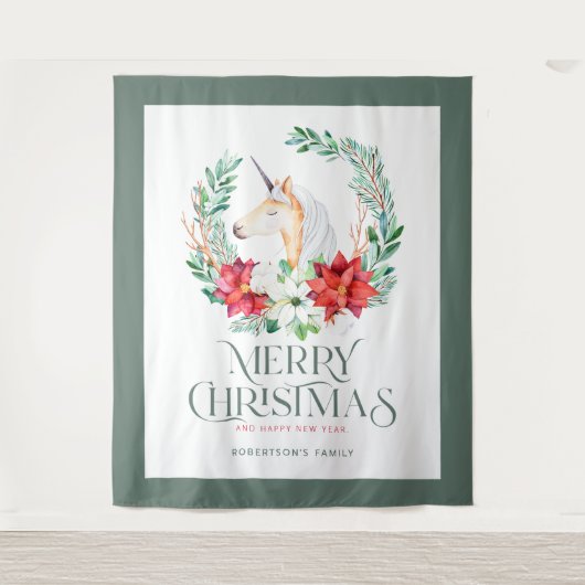 Poinsettia Einhornkranz und Weihnachtstypografie Wandteppich (Vorderseite)