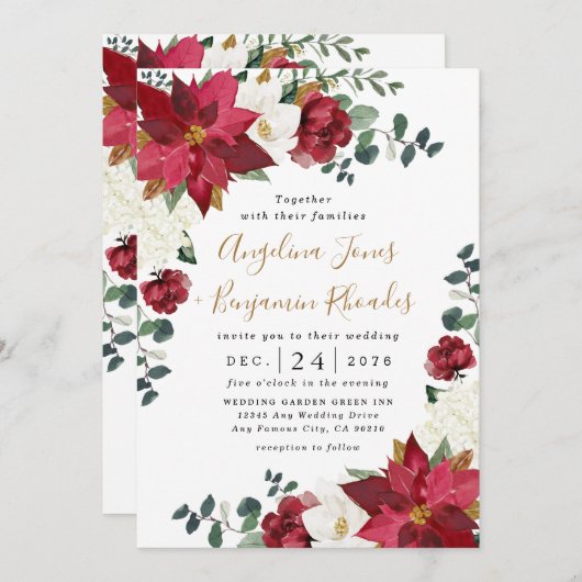 Poinsettia Elegant Red Gold White Floral Wedding Einladung (Vorne/Hinten)