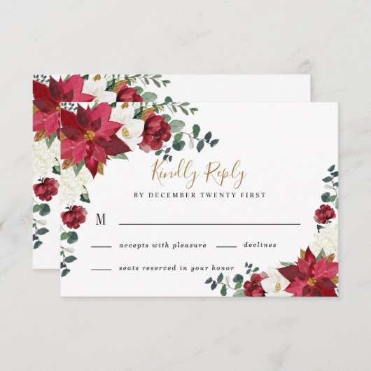 Poinsettia Elegant Red Gold White Floral Wedding RSVP Karte (Vorne/Hinten)