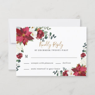 Poinsettia Elegant Red Gold White Floral Wedding RSVP Karte