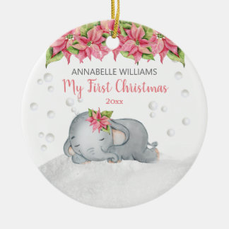 Poinsettia Elephant Baby's 1. Keramik Ornament