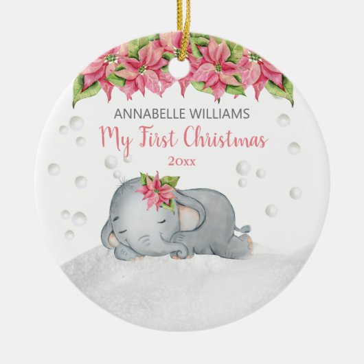 Poinsettia Elephant Baby's 1. Keramik Ornament (Vorne)