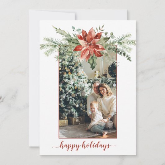Poinsettia Evergreen Red Border Weihnachten 2 Foto Einladung (Vorderseite)