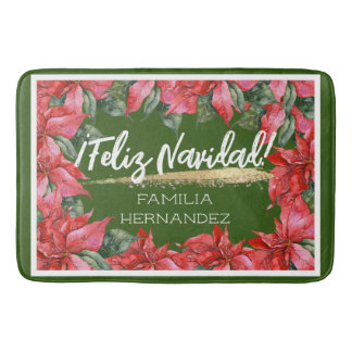Poinsettia Feliz Navidad Holiday Name Badematte