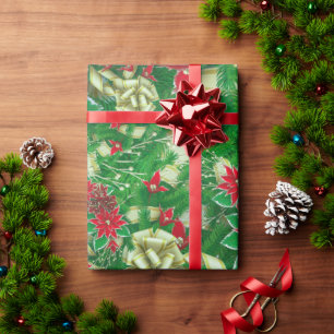 Poinsettia Fir Blätter Ribbons Blumenweihnachtsfes Geschenkpapier