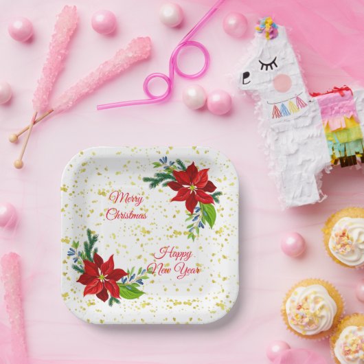 Poinsettia Floral Bouquet, frohe Weihnachten Pappteller (Party)