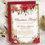Poinsettia Floral Champagne Glass Weihnachts-Party Einladung<br><div class="desc">Modernes elegantes Weihnachtsgebäck Party Aquarell Poinsettia Blumenladen - Gold Glitzer Rahmen. Champagnerglas mit Rotem Bow</div>