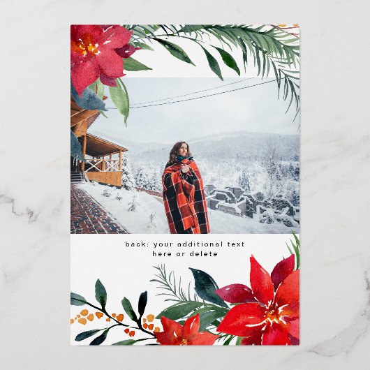 Poinsettia Floral Foto Glitzer Frohe Weihnachten Folieneinladung (Rückseite)