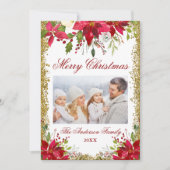 Poinsettia Floral Foto Glitzer Weihnachtskarte Einladung (Vorderseite)