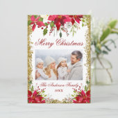 Poinsettia Floral Foto Glitzer Weihnachtskarte Einladung (Stehend Vorderseite)