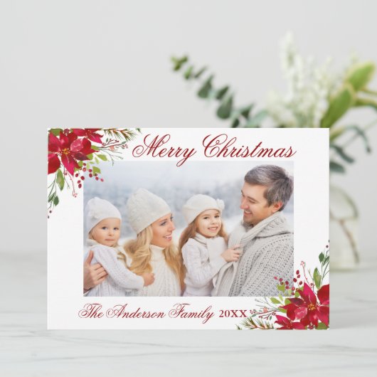 Poinsettia Floral Foto Red Christmas Card Einladung (Stehend Vorderseite)