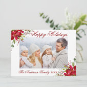 Poinsettia Floral Foto Red Happy Holidays Card Einladung (Stehend Vorderseite)