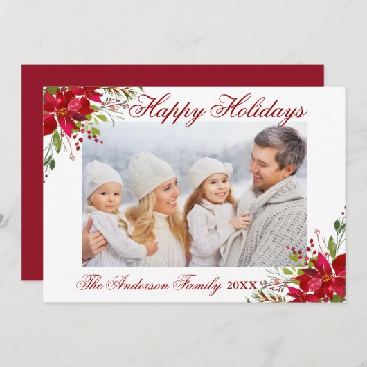 Poinsettia Floral Foto Red Happy Holidays Card Einladung (Vorne/Hinten)