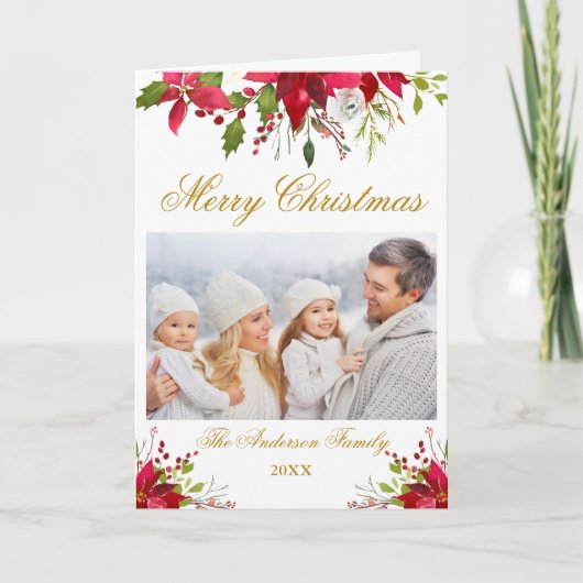 Poinsettia Floral Foto Weihnachtsfeiertag Feiertagskarte (Vorderseite)