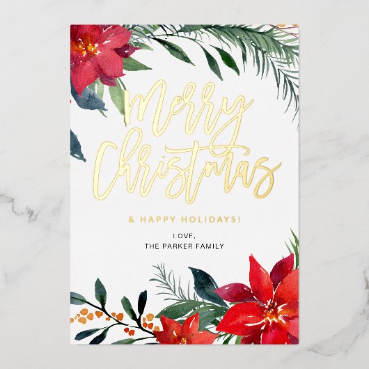 Poinsettia Floral Frohe Weihnachten Folieneinladung (Vorderseite)