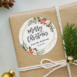 Poinsettia Floral Geometric Frohe Weihnachtsschrif Runder Aufkleber