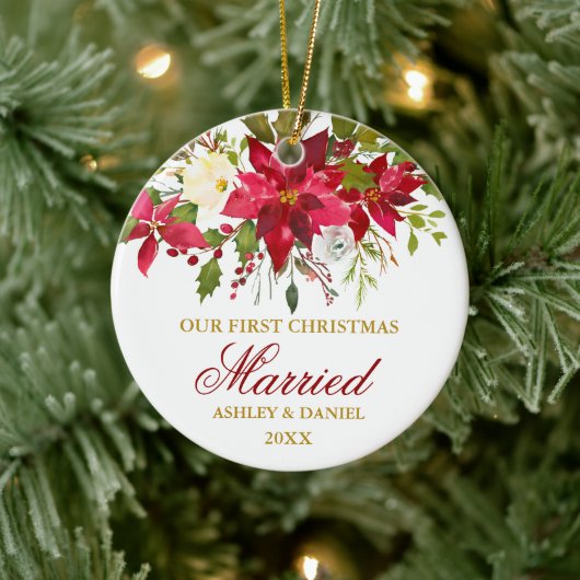 Poinsettia Floral Gold Erste Weihnachtsfeier | FOT Keramik Ornament (Baum)