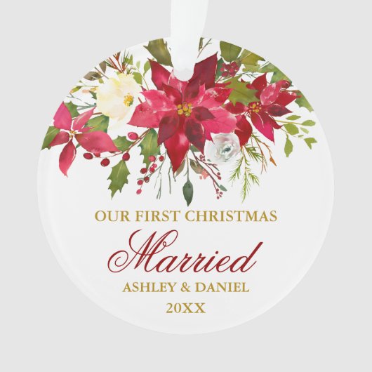 Poinsettia Floral Gold Erste Weihnachtsfeier| Foto Ornament (Vorderseite)