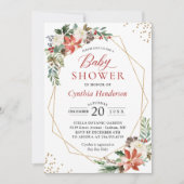 Poinsettia Floral Gold Frame Winter Baby Dusche Einladung (Vorderseite)