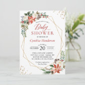 Poinsettia Floral Gold Frame Winter Baby Dusche Einladung (Stehend Vorderseite)