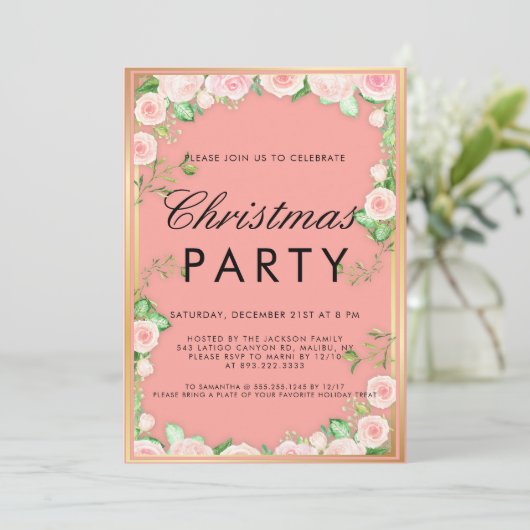 Poinsettia Floral Gold Glitzer Pink Weihnachten Einladung (Stehend Vorderseite)