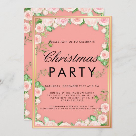 Poinsettia Floral Gold Glitzer Pink Weihnachten Einladung (Vorne/Hinten)