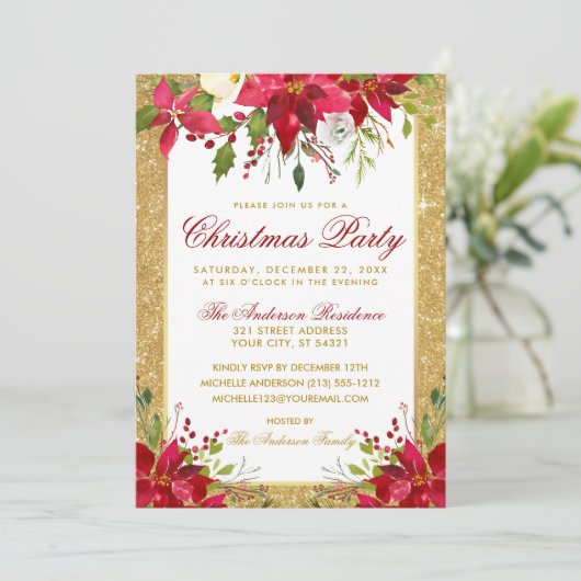 Poinsettia Floral Gold Glitzer Rotes Weihnachtsfes Einladung (Stehend Vorderseite)