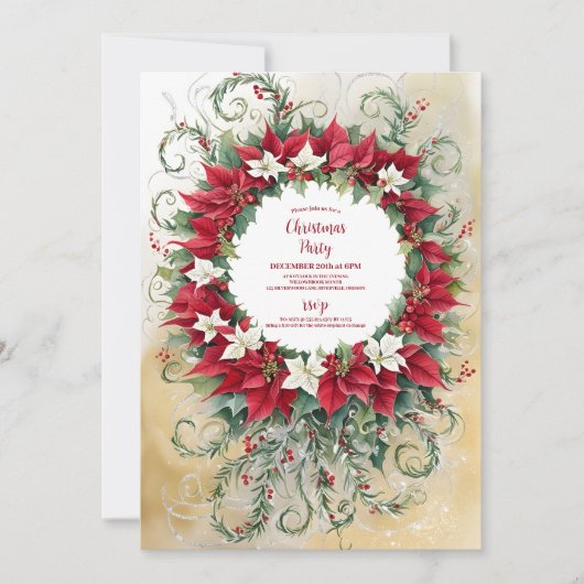 Poinsettia Floral Gold Glitzer Rotes Weihnachtsfes Einladung (Vorderseite)