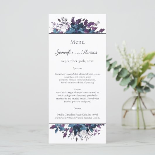 Poinsettia Floral Wedding Menu | Moody Blue Menükarte (Stehend Vorderseite)