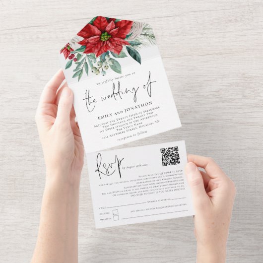 Poinsettia Foliage QR Code Skript Hochzeit All In One Einladung (Abreißen)