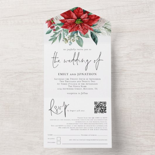 Poinsettia Foliage QR Code Skript Hochzeit All In One Einladung (Innen Boden)