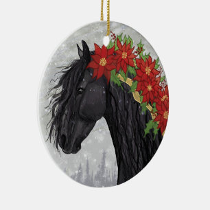 Poinsettia Friesian Horse Keramik Ornament