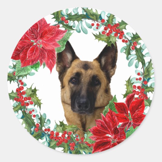 Poinsettia German Shepherd Dog Weihnachtskranz Runder Aufkleber (Vorderseite)
