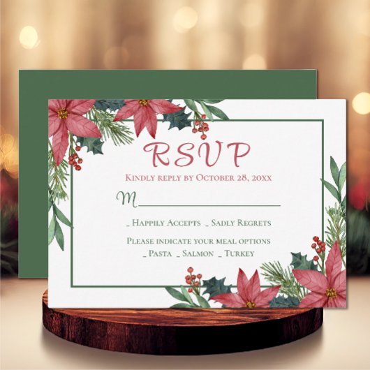 Poinsettia Green Red Floral Wedding RSVP