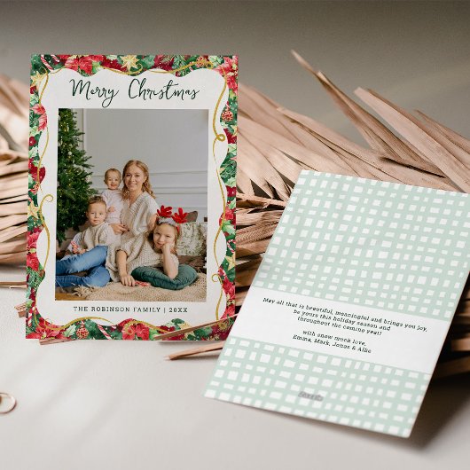 Poinsettia Greenery Pattern Merry Christmas Foto Feiertagskarte