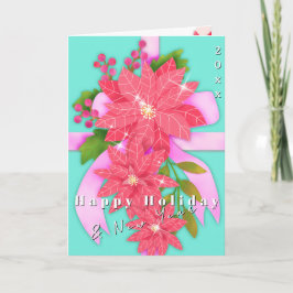 Poinsettia Happy Holiday New Year Aqua Blue Karte