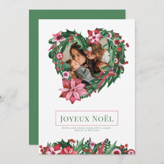 Poinsettia Heart Wreath Joyeux Noël Weihnachtskart Einladung (Vorne/Hinten)
