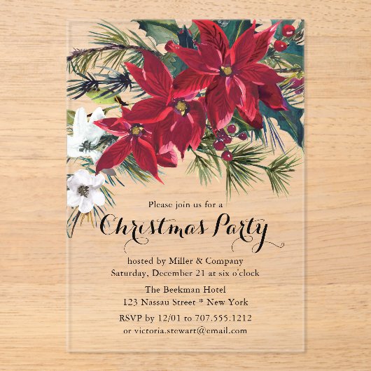 Poinsettia Holiday Floral Christmas Partys Company Acryleinladungen (Vorderseite)
