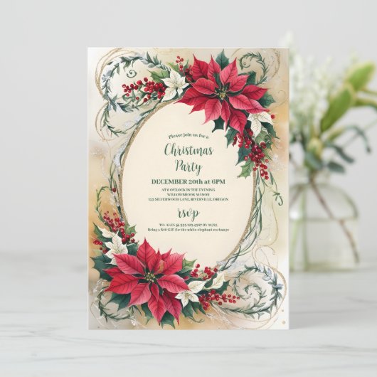Poinsettia Holly Berries Blumenweihnachtsgebäck Pa Einladung (Stehend Vorderseite)