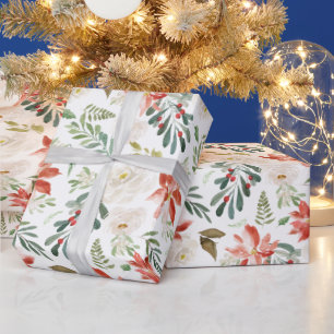 Poinsettia Holly Berry Ivory Floral Holiday Season Geschenkpapier