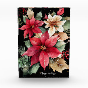 Poinsettia Holly Berry Red White Blumen Christmas Fotoblock