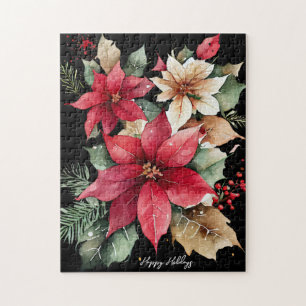 Poinsettia Holly Berry Red White Blumen Christmas Puzzle