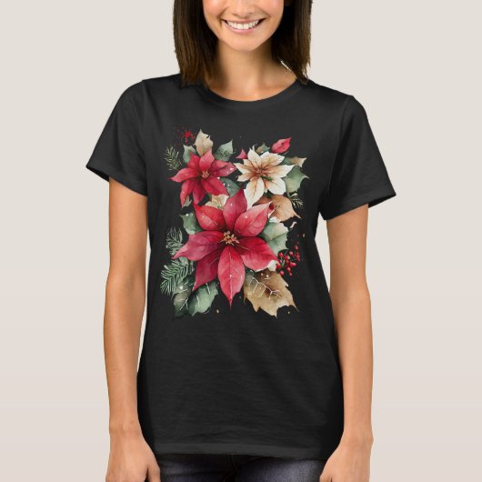 Poinsettia Holly Berry Red White Blumen Christmas T-Shirt (Vorderseite)