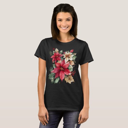 Poinsettia Holly Berry Red White Blumen Christmas T-Shirt (Vorne ganz)